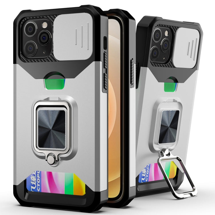 Sliding Camera Cover Design PC + TPU Shockproof Case with Ring Holder & Card Slot – Shockproof, Ring Holder, Card Slot, For iPhone 13 Pro Max, For iPhone 11, For iPhone XS Max For iPhone 11 Silver