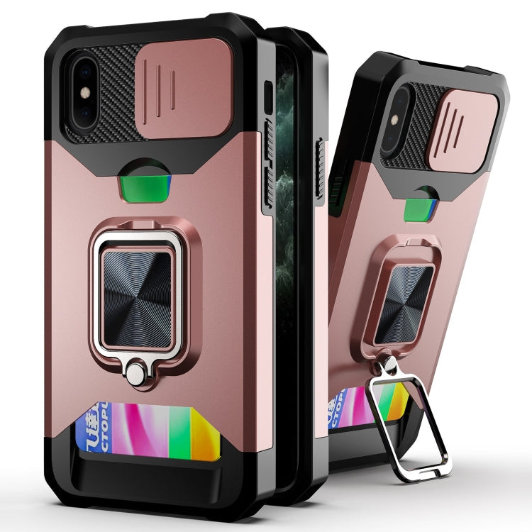 Sliding Camera Cover Design PC + TPU Shockproof Case with Ring Holder & Card Slot – Shockproof, Ring Holder, Card Slot, For iPhone 13 Pro Max, For iPhone 11, For iPhone XS Max For iPhone XS Max Rose Gold