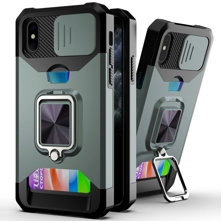 Sliding Camera Cover Design PC + TPU Shockproof Case with Ring Holder & Card Slot – Shockproof, Ring Holder, Card Slot, For iPhone 13 Pro Max, For iPhone 11, For iPhone XS Max For iPhone XS Max Dark Green