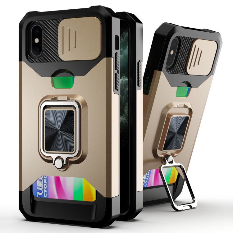 Sliding Camera Cover Design PC + TPU Shockproof Case with Ring Holder & Card Slot – Shockproof, Ring Holder, Card Slot, For iPhone 13 Pro Max, For iPhone 11, For iPhone XS Max For iPhone XS Max Gold