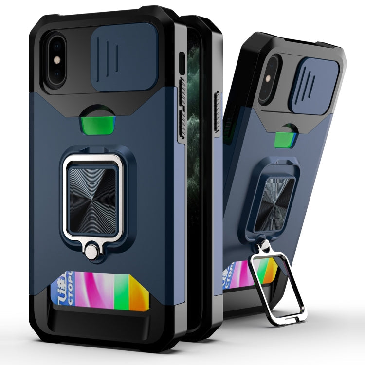 Sliding Camera Cover Design PC + TPU Shockproof Case with Ring Holder & Card Slot – Shockproof, Ring Holder, Card Slot, For iPhone 13 Pro Max, For iPhone 11, For iPhone XS Max For iPhone XS Max Blue