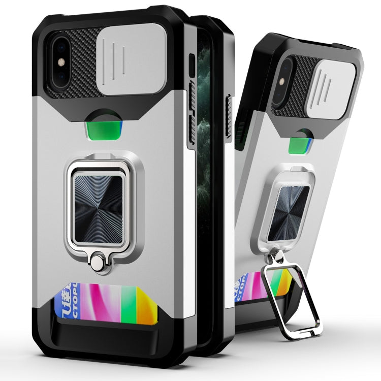 Sliding Camera Cover Design PC + TPU Shockproof Case with Ring Holder & Card Slot – Shockproof, Ring Holder, Card Slot, For iPhone 13 Pro Max, For iPhone 11, For iPhone XS Max For iPhone XS Max Silver