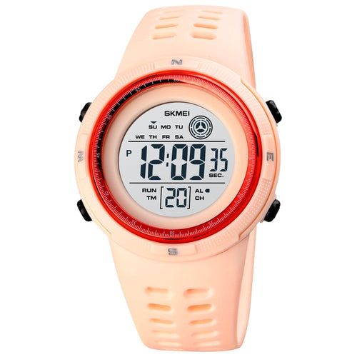 SKMEI 1773 Triplicate Round LED Dual Time Digital Display Colorful Backlight Electronic Watch Pink