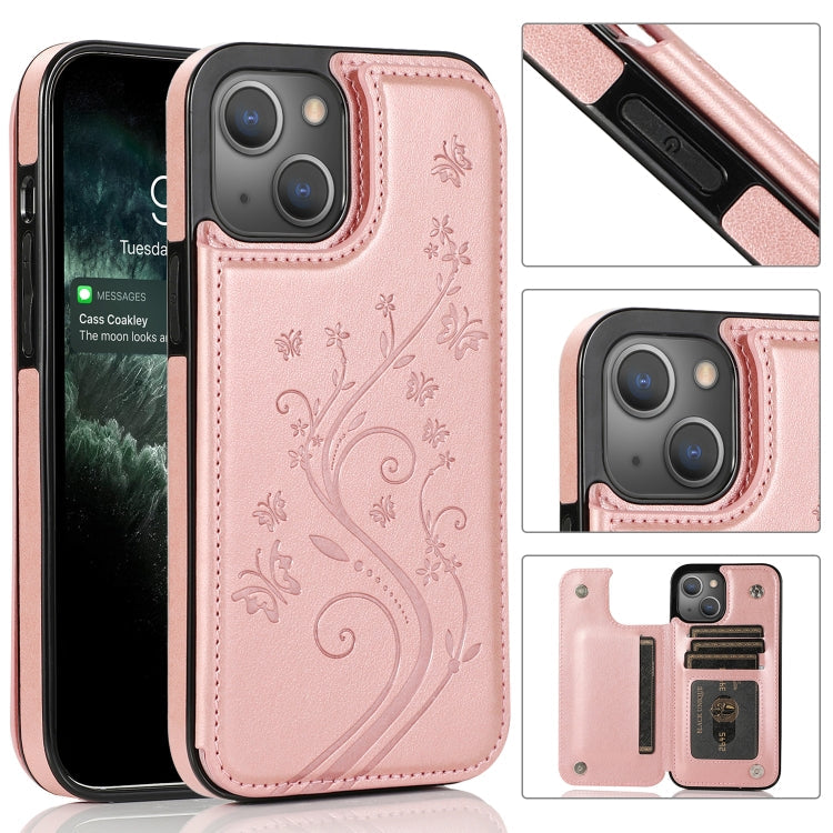 Butterflies Flowers Double Buckle PU + TPU Protective Case with Holder... (iPhone 13 Pro) For iPhone 13 Pro Max Rose Gold