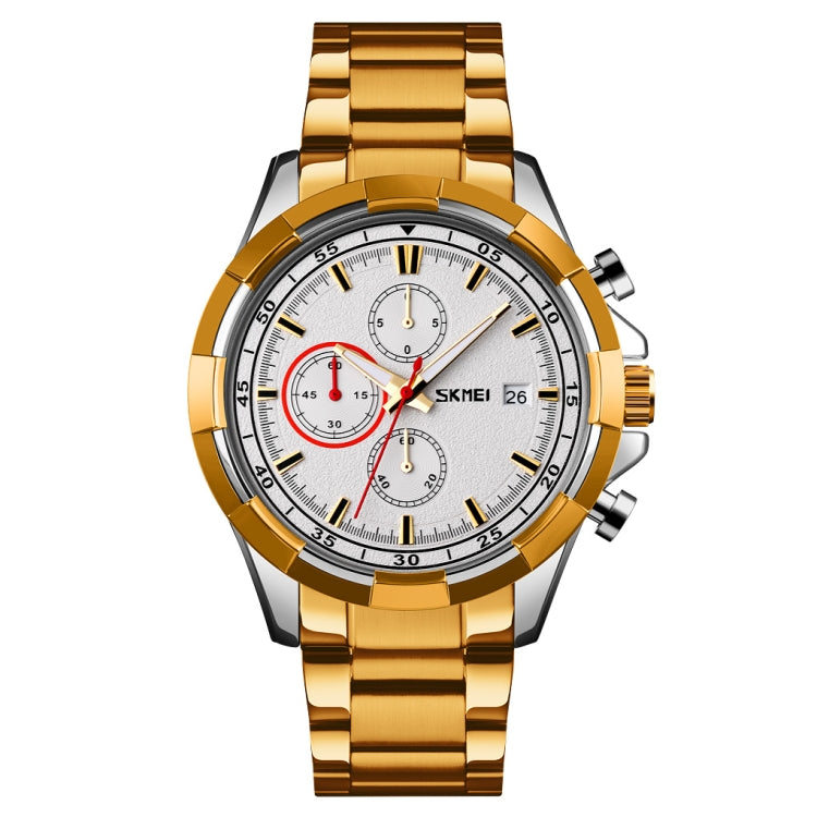 SKMEI 9192 Men Calendar Timing Stainless Steel Belt Luminous Quartz Watch Gold