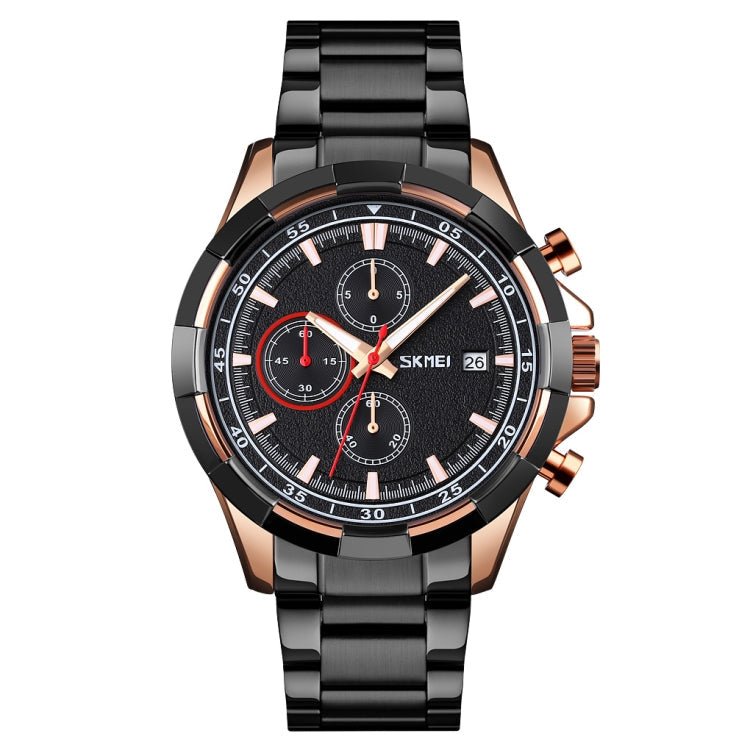 SKMEI 9192 Men Calendar Timing Stainless Steel Belt Luminous Quartz Watch Rose Gold Black