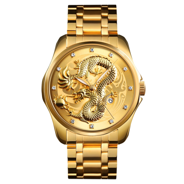 SKMEI 9193 Men Golden Dragon Pattern Calendar Dial Luminous Quartz Watch Gold