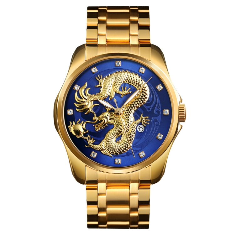 SKMEI 9193 Men Golden Dragon Pattern Calendar Dial Luminous Quartz Watch Gold Blue