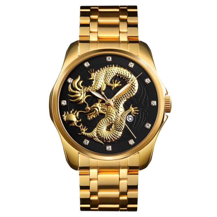SKMEI 9193 Men Golden Dragon Pattern Calendar Dial Luminous Quartz Watch Gold Black