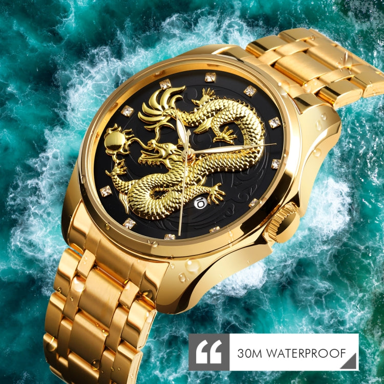 SKMEI 9193 Men Golden Dragon Pattern Calendar Dial Luminous Quartz Watch