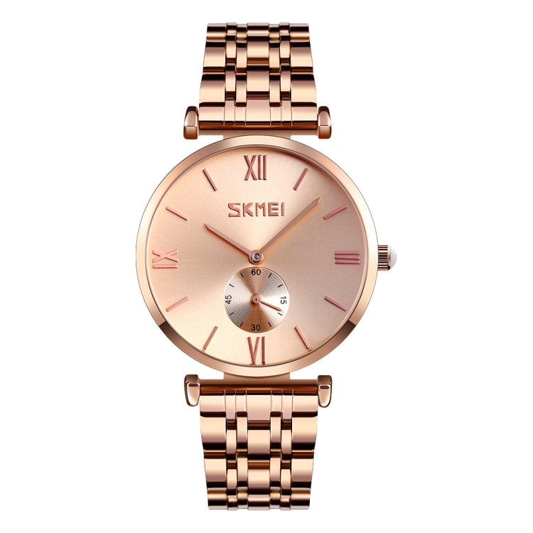 SKMEI 9198 Simple Roman Numeral Dial Metal Belt Quartz Watch for Couples Rose Gold Men