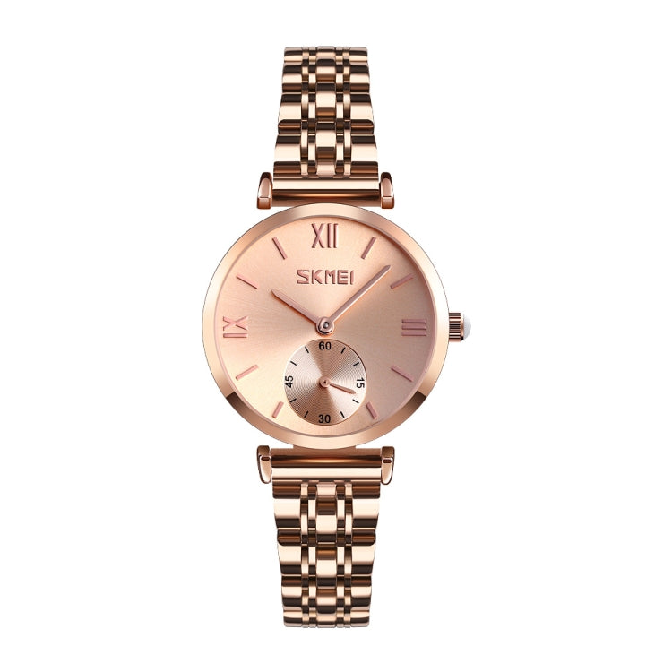 SKMEI 9198 Simple Roman Numeral Dial Metal Belt Quartz Watch for Couples Rose Gold Women