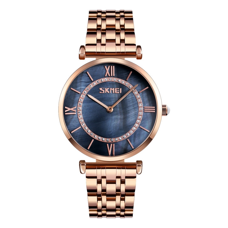 SKMEI 9198 Simple Roman Numeral Dial Metal Belt Quartz Watch for Couples Rose Gold Black Men