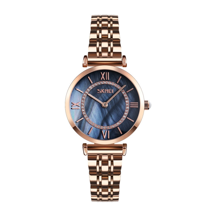 SKMEI 9198 Simple Roman Numeral Dial Metal Belt Quartz Watch for Couples Rose Gold Black Women