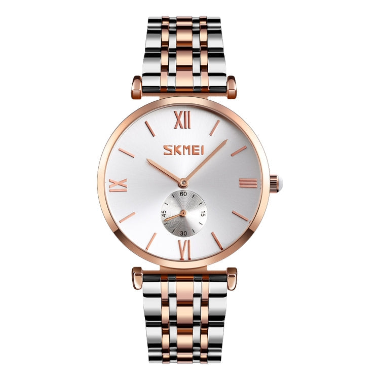 SKMEI 9198 Simple Roman Numeral Dial Metal Belt Quartz Watch for Couples Rose Gold Silver Men