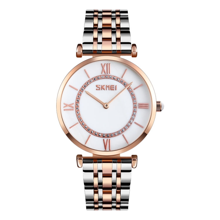 SKMEI 9198 Simple Roman Numeral Dial Metal Belt Quartz Watch for Couples Rose Gold Silver White Men