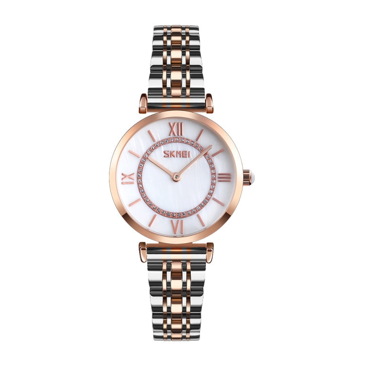 SKMEI 9198 Simple Roman Numeral Dial Metal Belt Quartz Watch for Couples Rose Gold Silver White Women