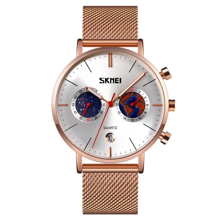 SKMEI 9231 Men Map Pattern Calendar Stopwatch Stainless Steel Strap Quartz Watch Silver