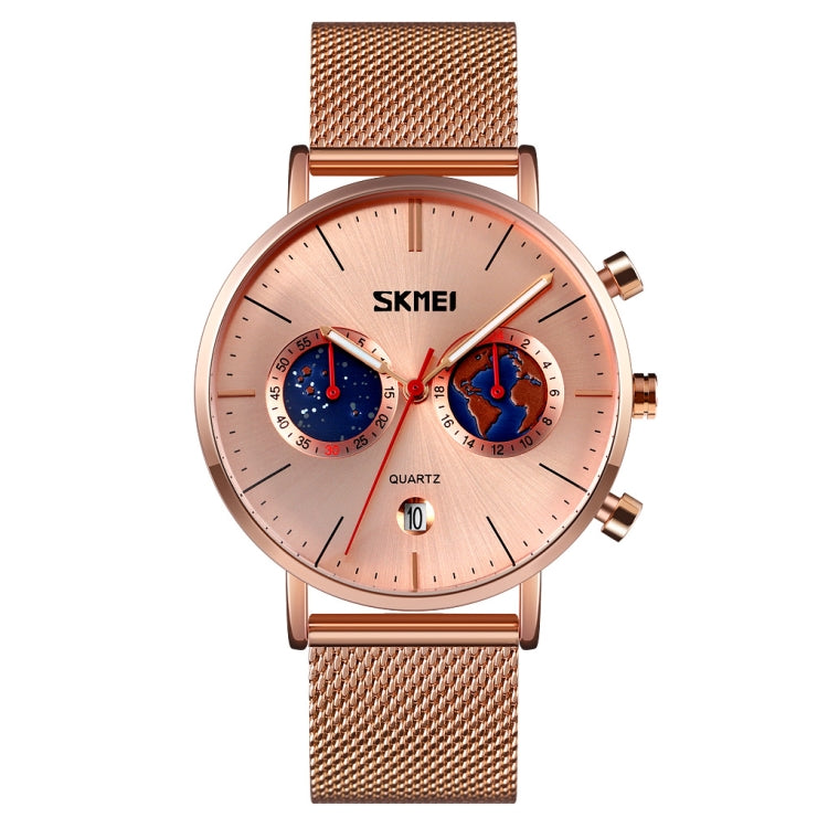 SKMEI 9231 Men Map Pattern Calendar Stopwatch Stainless Steel Strap Quartz Watch Rose Gold