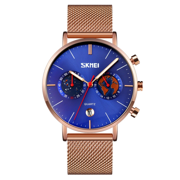 SKMEI 9231 Men Map Pattern Calendar Stopwatch Stainless Steel Strap Quartz Watch Blue