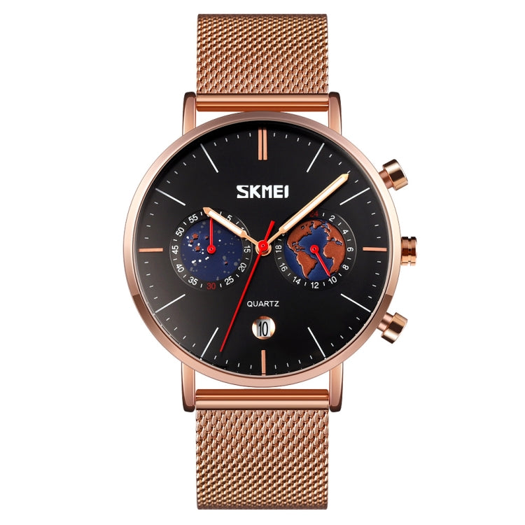 SKMEI 9231 Men Map Pattern Calendar Stopwatch Stainless Steel Strap Quartz Watch Black