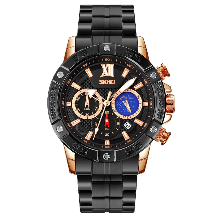 SKMEI 9235 Men Moonphase Stopwatch Stainless Steel Strap Quartz Watch Gold Black