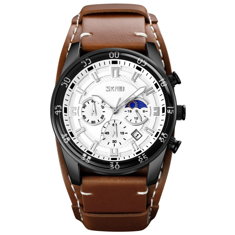 SKMEI 9249 Men Moonphase Calendar Stopwatch Leather Strap Quartz Watch Brown Silver