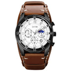SKMEI 9249 Men Moonphase Calendar Stopwatch Leather Strap Quartz Watch Brown Silver