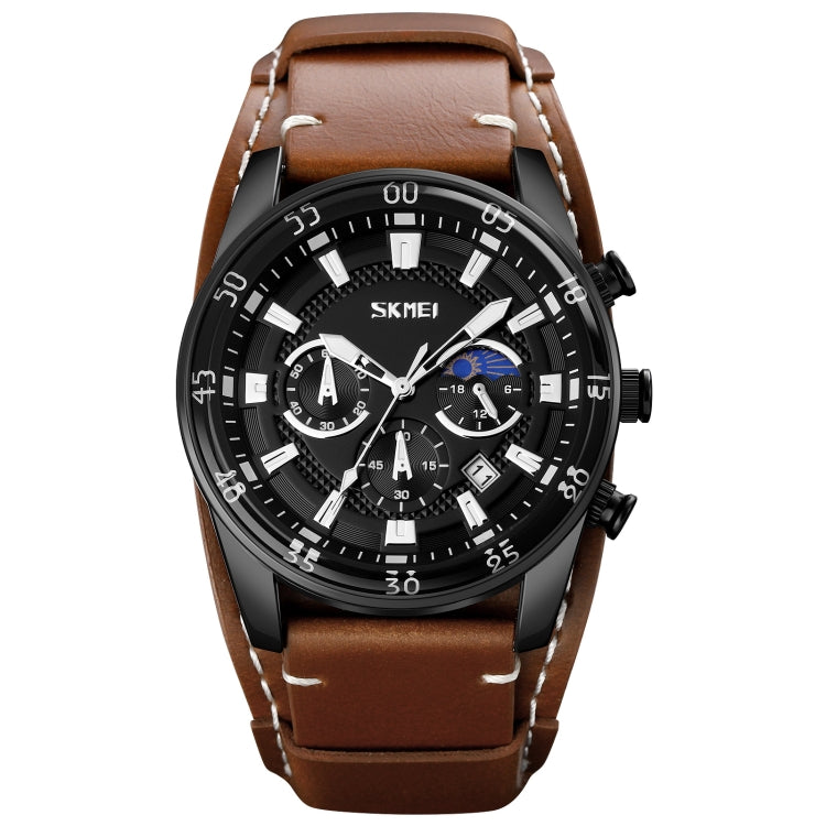 SKMEI 9249 Men Moonphase Calendar Stopwatch Leather Strap Quartz Watch Brown Black