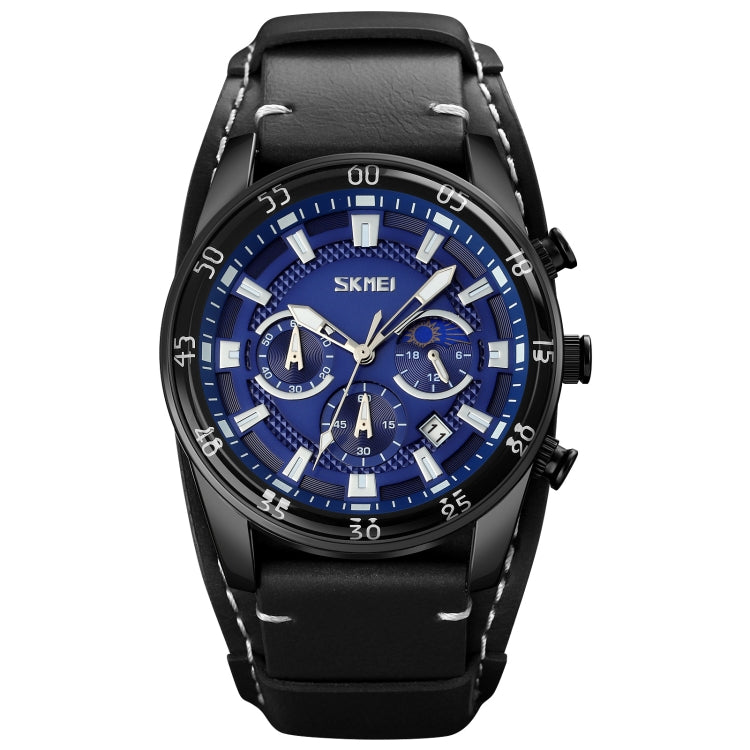 SKMEI 9249 Men Moonphase Calendar Stopwatch Leather Strap Quartz Watch Black Blue