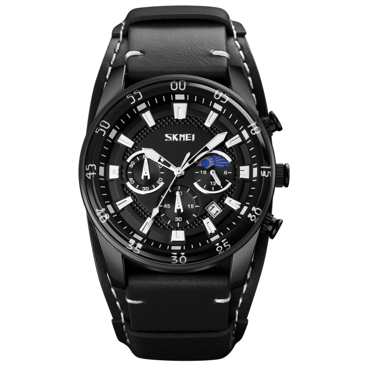 SKMEI 9249 Men Moonphase Calendar Stopwatch Leather Strap Quartz Watch Black