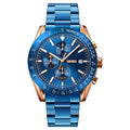 SKMEI 9253 Men Stopwatch Date Six Pin Stainless Steel Strap Quartz Watch Gold Blue