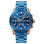 SKMEI 9253 Men Stopwatch Date Six Pin Stainless Steel Strap Quartz Watch Gold Blue