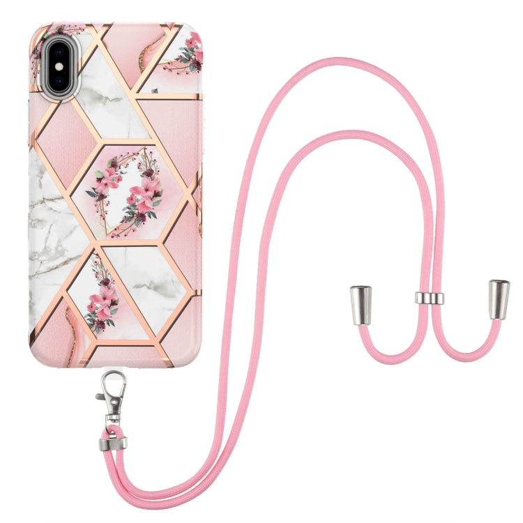 Electroplating Splicing Marble Flower Pattern TPU Shockproof Case with Lanyard, For iPhone XS Max, For iPhone 8 Plus / 7 Plus, For iPhone SE 2022 / SE 2020 / 8 / 7 For iPhone XS Max Pink Flower