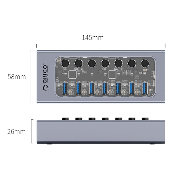 ORICO AT2U3-7AB-GY-BP 7 In 1 Aluminum Alloy Multi-Port USB HUB with Individual Switches,, EU Plug, UK Plug, AU Plug – Aluminum Alloy, TPU