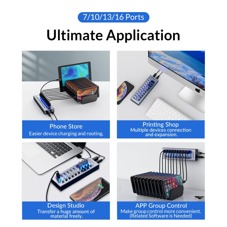 ORICO AT2U3-7AB-GY-BP 7 In 1 Aluminum Alloy Multi-Port USB HUB with Individual Switches,, EU Plug, UK Plug, AU Plug – Aluminum Alloy, TPU