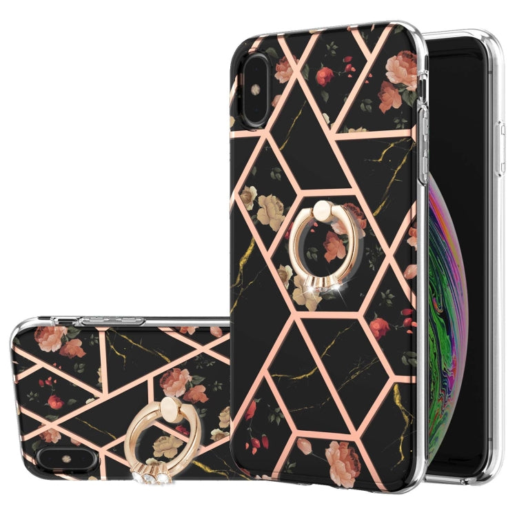 Electroplating Splicing Marble Flower Pattern TPU Shockproof Case with Rhinestone Ring Holder – Shockproof, Ring Holder, TPU, For iPhone XS Max, For iPhone SE 2022 / SE 2020 / 7 / 8, For iPhone 7 Plus / 8 Plus For iPhone XS Max Black Flower
