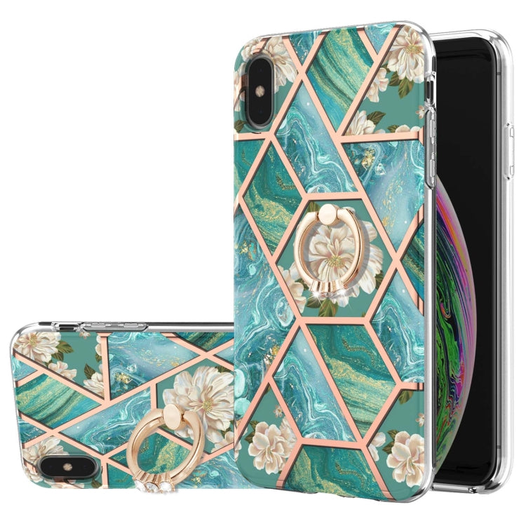 Electroplating Splicing Marble Flower Pattern TPU Shockproof Case with Rhinestone Ring Holder – Shockproof, Ring Holder, TPU, For iPhone XS Max, For iPhone SE 2022 / SE 2020 / 7 / 8, For iPhone 7 Plus / 8 Plus For iPhone XS Max Blue Flower
