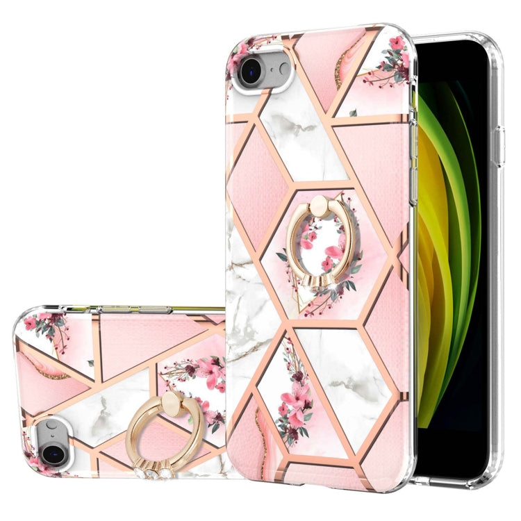 Electroplating Splicing Marble Flower Pattern TPU Shockproof Case with Rhinestone Ring Holder – Shockproof, Ring Holder, TPU, For iPhone XS Max, For iPhone SE 2022 / SE 2020 / 7 / 8, For iPhone 7 Plus / 8 Plus For iPhone SE 2022 SE 2020 7 8 Pink Flower