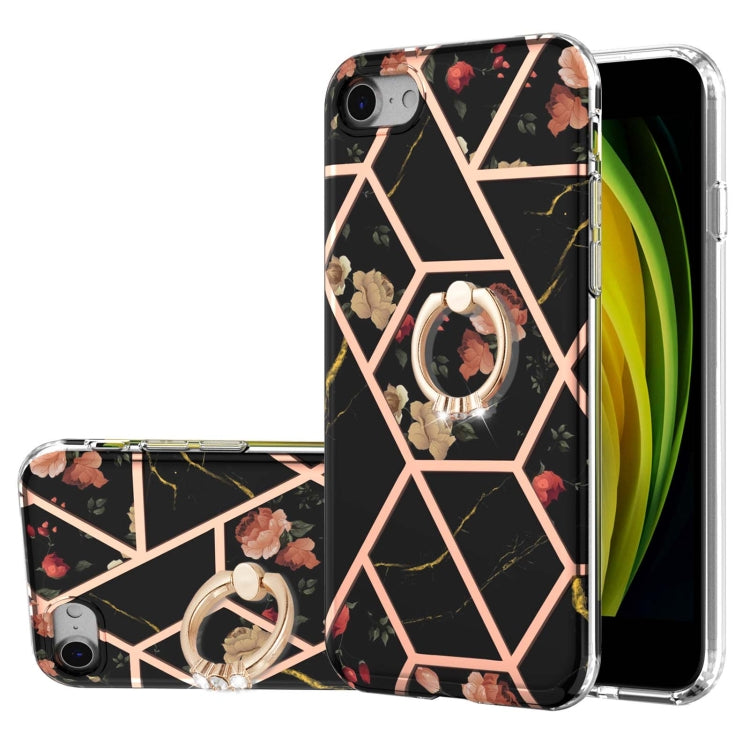 Electroplating Splicing Marble Flower Pattern TPU Shockproof Case with Rhinestone Ring Holder – Shockproof, Ring Holder, TPU, For iPhone XS Max, For iPhone SE 2022 / SE 2020 / 7 / 8, For iPhone 7 Plus / 8 Plus For iPhone SE 2022 SE 2020 7 8 Black Flower