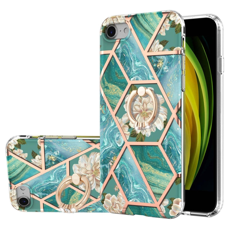 Electroplating Splicing Marble Flower Pattern TPU Shockproof Case with Rhinestone Ring Holder – Shockproof, Ring Holder, TPU, For iPhone XS Max, For iPhone SE 2022 / SE 2020 / 7 / 8, For iPhone 7 Plus / 8 Plus For iPhone SE 2022 SE 2020 7 8 Blue Flower