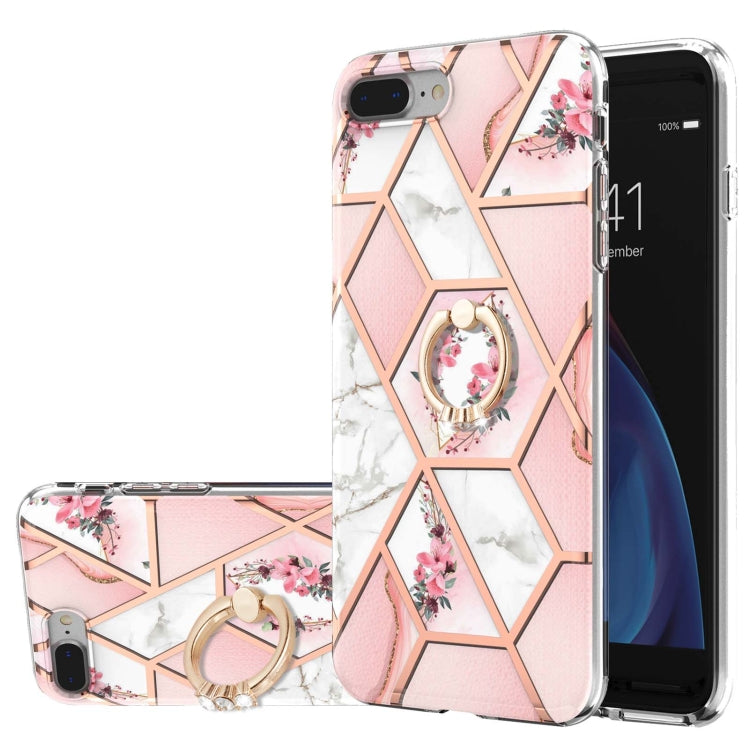 Electroplating Splicing Marble Flower Pattern TPU Shockproof Case with Rhinestone Ring Holder – Shockproof, Ring Holder, TPU, For iPhone XS Max, For iPhone SE 2022 / SE 2020 / 7 / 8, For iPhone 7 Plus / 8 Plus For iPhone 7 Plus 8 Plus Pink Flower