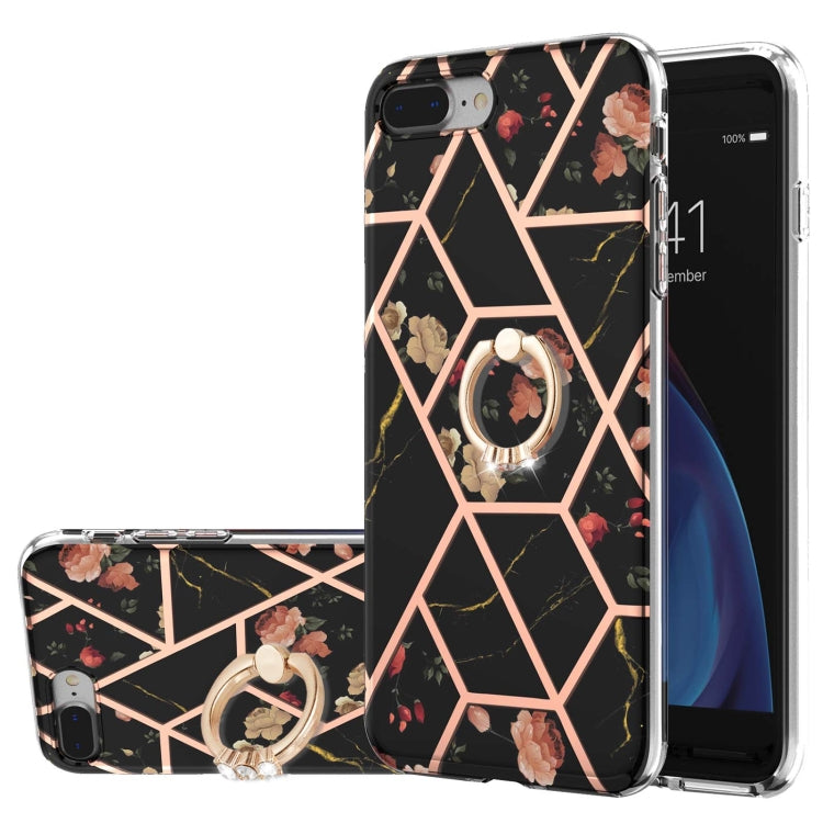 Electroplating Splicing Marble Flower Pattern TPU Shockproof Case with Rhinestone Ring Holder – Shockproof, Ring Holder, TPU, For iPhone XS Max, For iPhone SE 2022 / SE 2020 / 7 / 8, For iPhone 7 Plus / 8 Plus For iPhone 7 Plus 8 Plus Black Flower