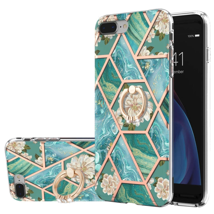 Electroplating Splicing Marble Flower Pattern TPU Shockproof Case with Rhinestone Ring Holder – Shockproof, Ring Holder, TPU, For iPhone XS Max, For iPhone SE 2022 / SE 2020 / 7 / 8, For iPhone 7 Plus / 8 Plus For iPhone 7 Plus 8 Plus Blue Flower