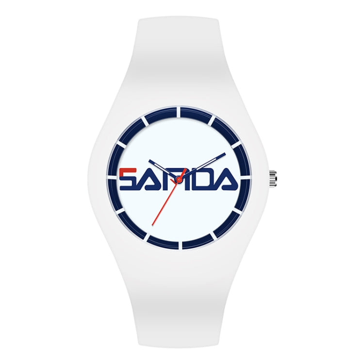 SANDA 6076 Simple Scale Round Dial Ladies Silicone Strap Quartz Watch White Blue Horizontal Mark