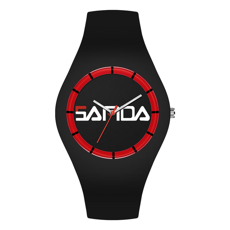 SANDA 6076 Simple Scale Round Dial Ladies Silicone Strap Quartz Watch Black Red Horizontal Mark