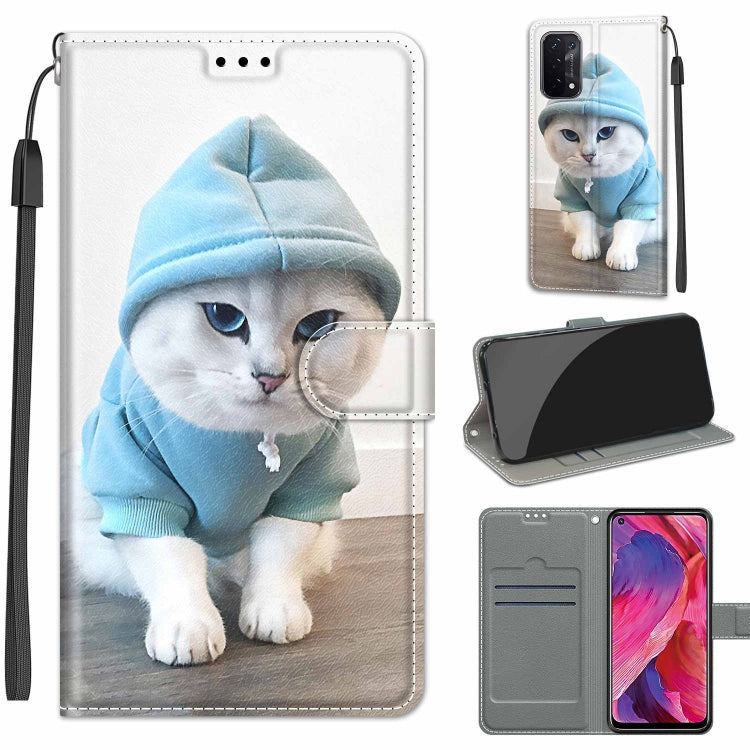 Voltage Coloured Drawing Magnetic Clasp Horizontal Flip PU Leather Case with Holder & Card Slots – Magnetic, Card Slot, Flip, For OPPO A93 5G / A93s 5G / A54 5G / A74 5G For OPPO A93 5G A93s 5G A54 5G A74 5G C15 Blue Sweater White Cat