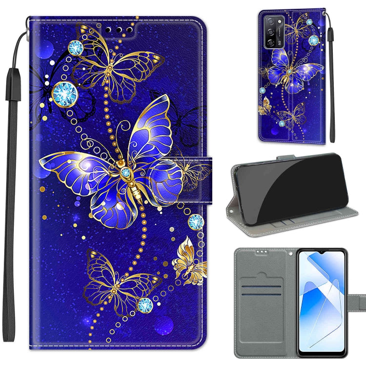 Voltage Coloured Drawing Magnetic Clasp Horizontal Flip PU Leather Case with Holder & Card Slots – Magnetic, Card Slot, Flip, For OPPO A54 4G / A16 4G / A53s 5G / A55 5G For OPPO A54 4G A16 4G A53s 5G A55 5G C11 Blue Golden Chain Butterflies