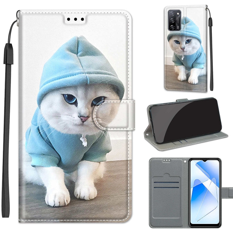 Voltage Coloured Drawing Magnetic Clasp Horizontal Flip PU Leather Case with Holder & Card Slots – Magnetic, Card Slot, Flip, For OPPO A54 4G / A16 4G / A53s 5G / A55 5G For OPPO A54 4G A16 4G A53s 5G A55 5G C15 Blue Sweater White Cat
