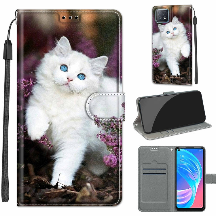 Voltage Coloured Drawing Magnetic Clasp Horizontal Flip PU Leather Case with Holder & Card Slots – Magnetic, Card Slot, Flip, For OPPO A72 5G / A73 5G / A53 5G For OPPO A72 5G A73 5G A53 5G C08 Flower Bush Big White Cat